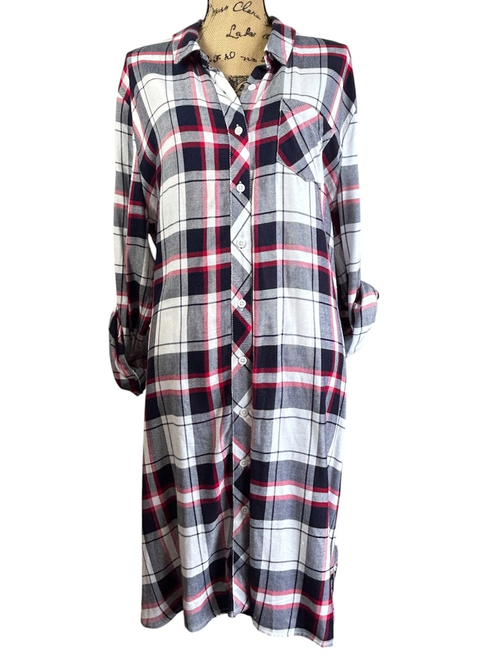 BLL nyc Plaid Shirt Dress with Tie Waist - Red, Navy & White